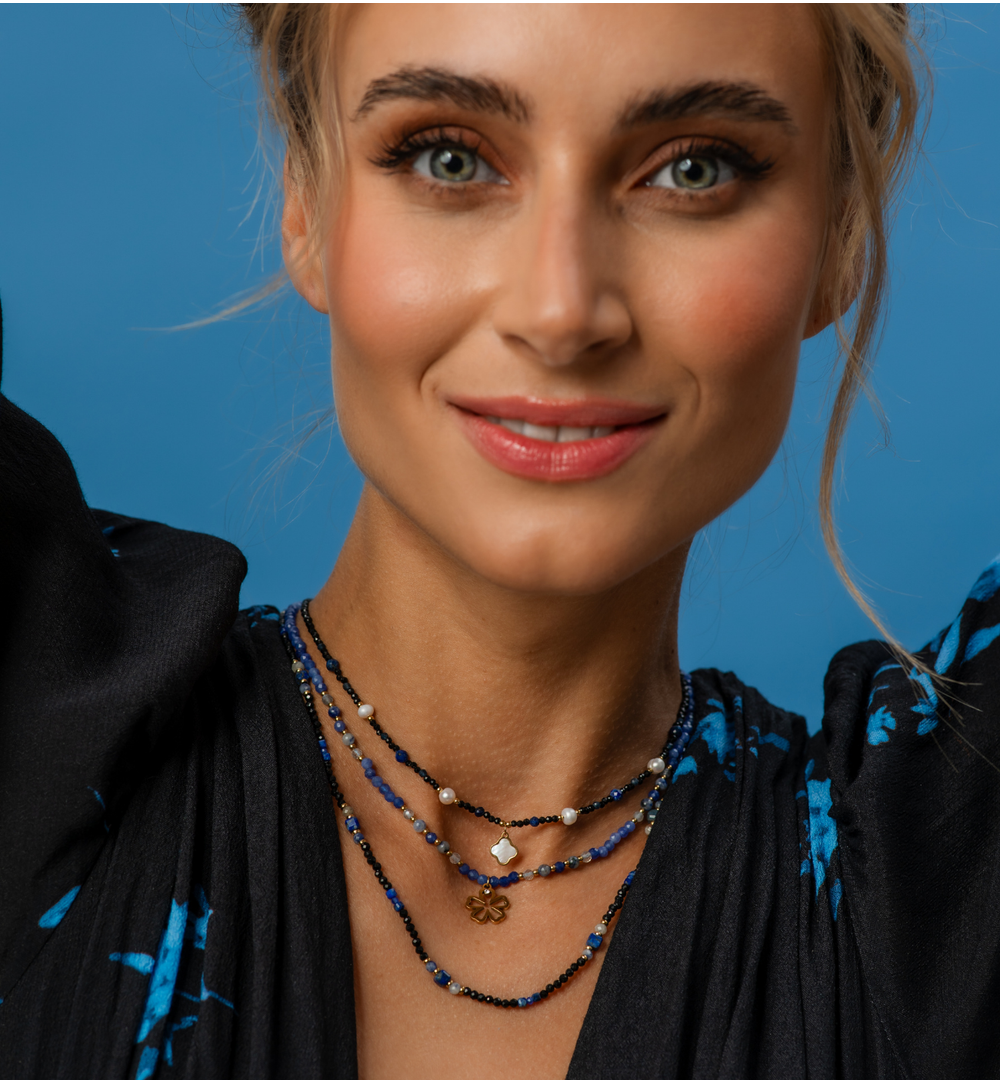 Blue Tourmaline, Lapis Lazuli and Pearls Necklace with Pearl Clover