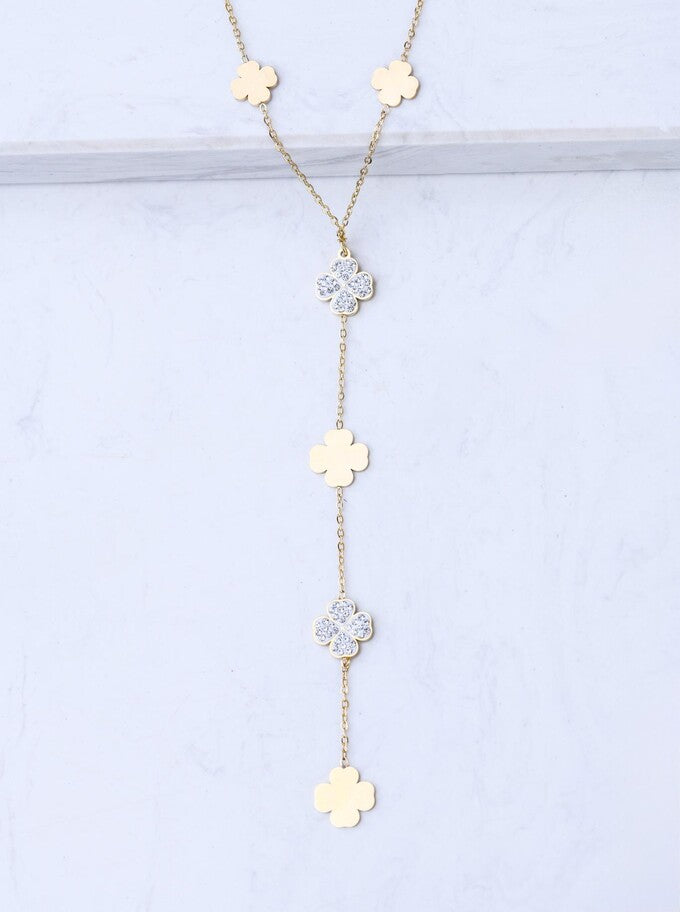 14k Gold Plated Crystal and Flat Clovers Y Necklace