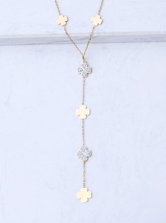 14k Gold Plated Crystal and Flat Clovers Y Necklace