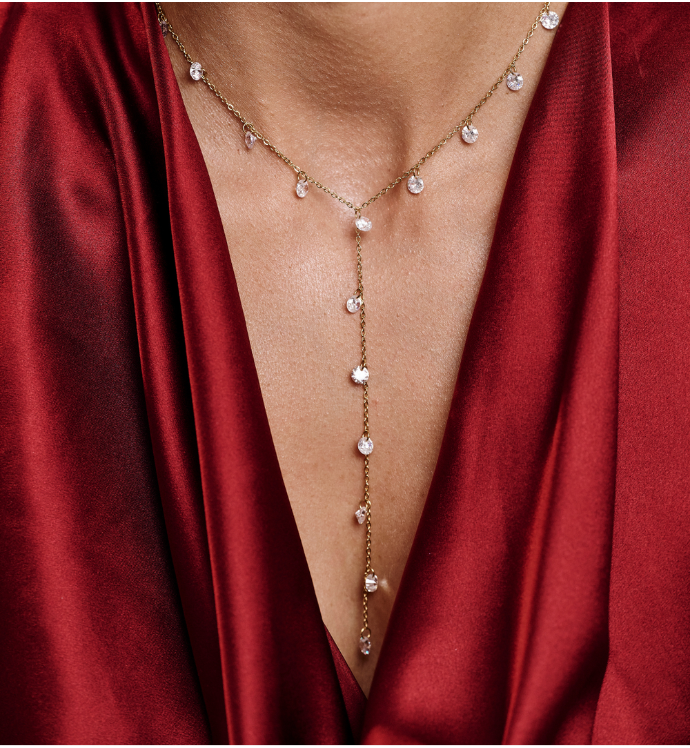 Gold Plated Lariat Necklace with Shining Crystals 0603