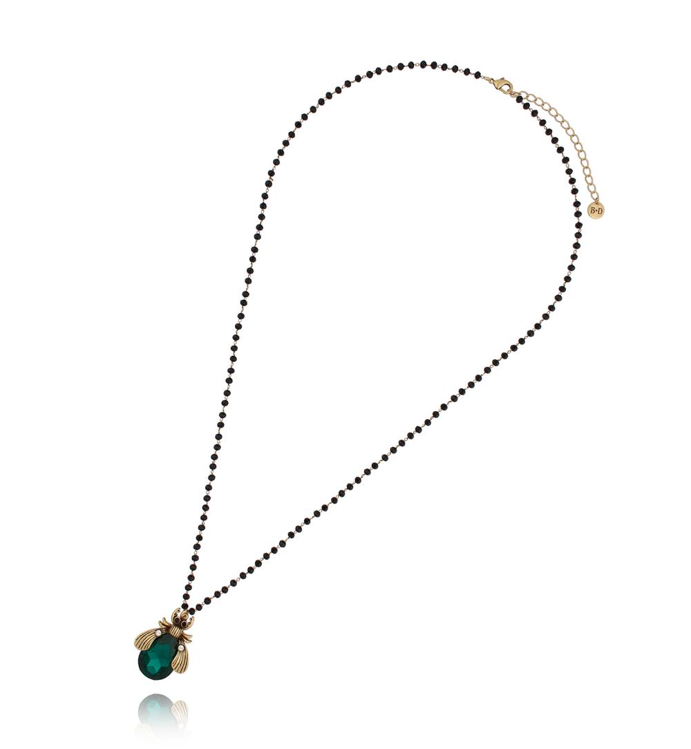 Black Long Crystal Necklace with Emerald Green Beetle Midnight