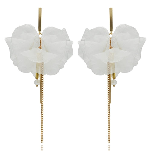 White Silk Flower Earrings with Gold Chains & Crystals