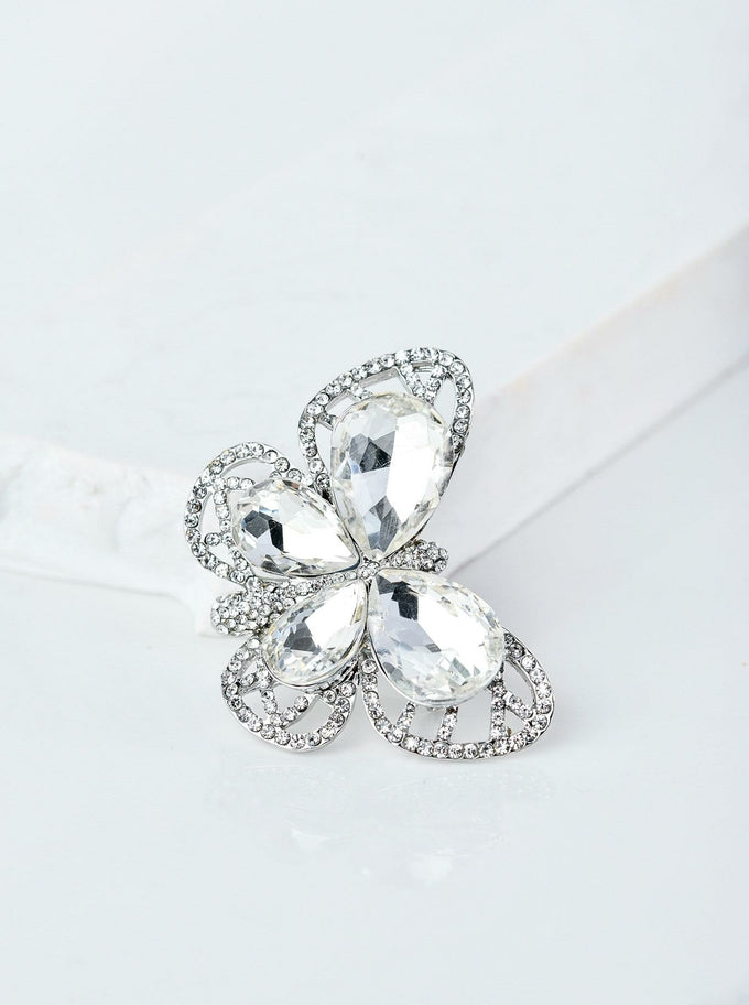 Silver Butterfly Brooch with Clear Crystals