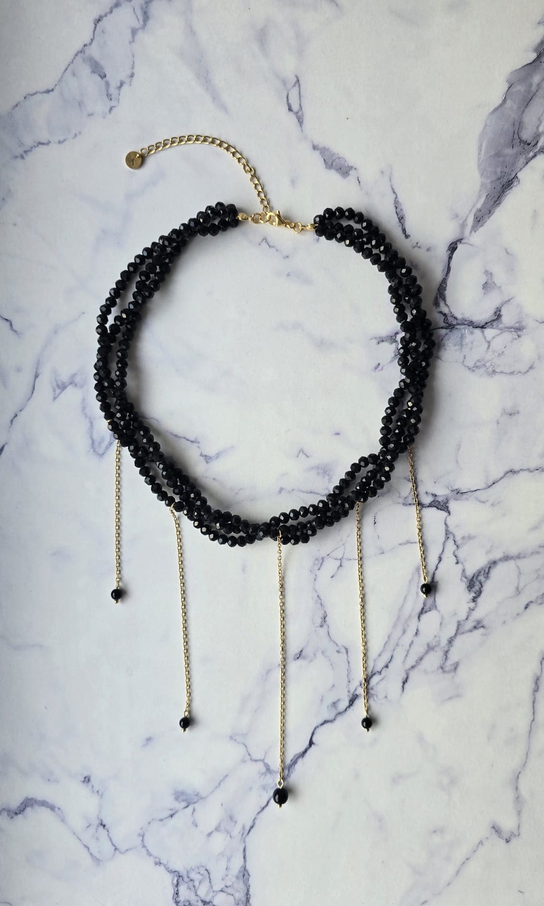 Triple Layer Glass Crystals Necklace with Chains & Onyx Stones