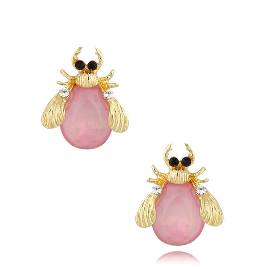 Baby Pink Beetle Stud Earrings with Gold Finishing