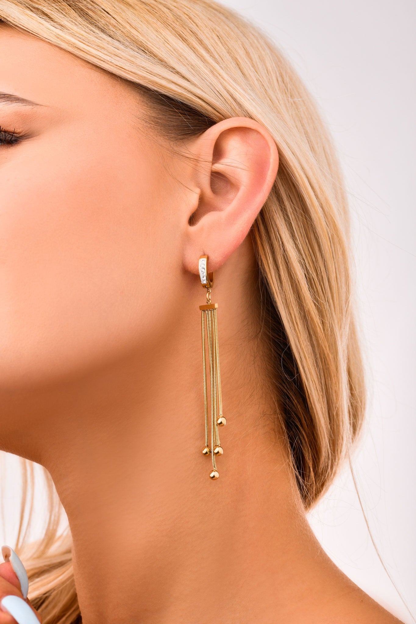 Gold Plated Crystal Hoop Earrings with Fringe Balls