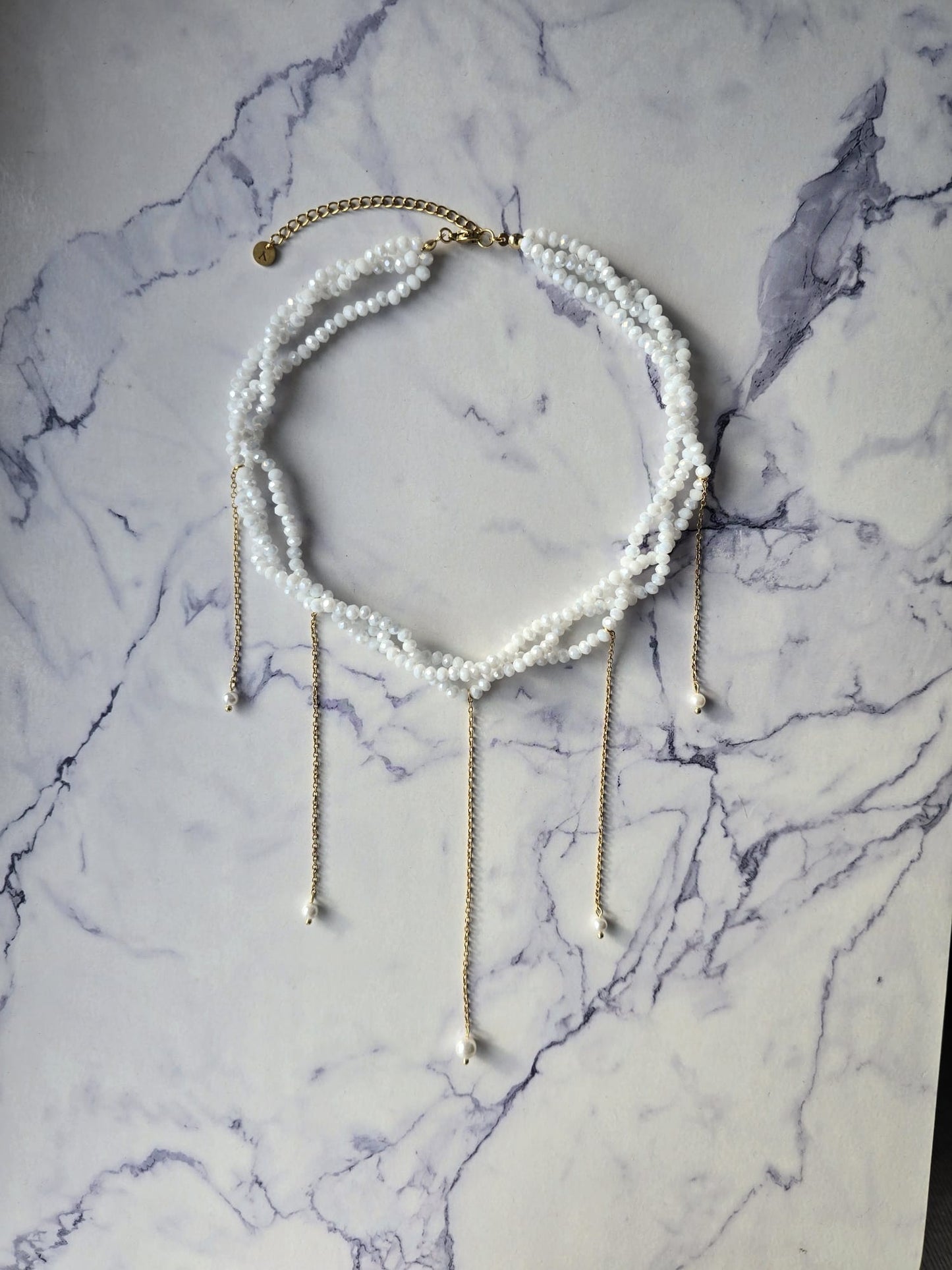 Triple Layer Glass Crystals Necklace with Chains & Pearls