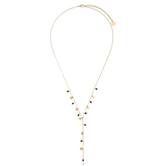 Gold Plated Black Tourmaline Y Necklace with Gold Discs Incantatio