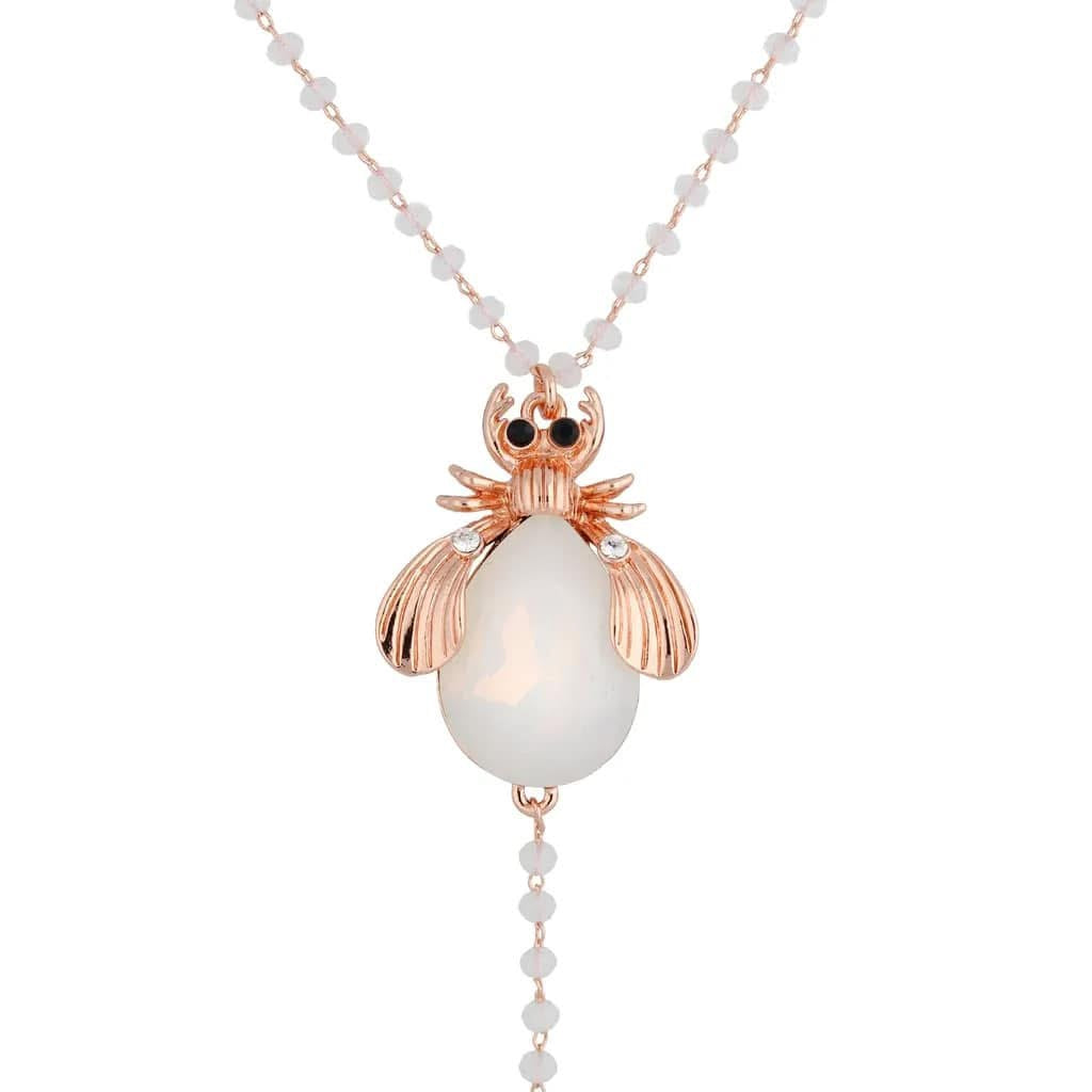Rose Gold Lariat Milk White Beetle Necklace with White Crystals