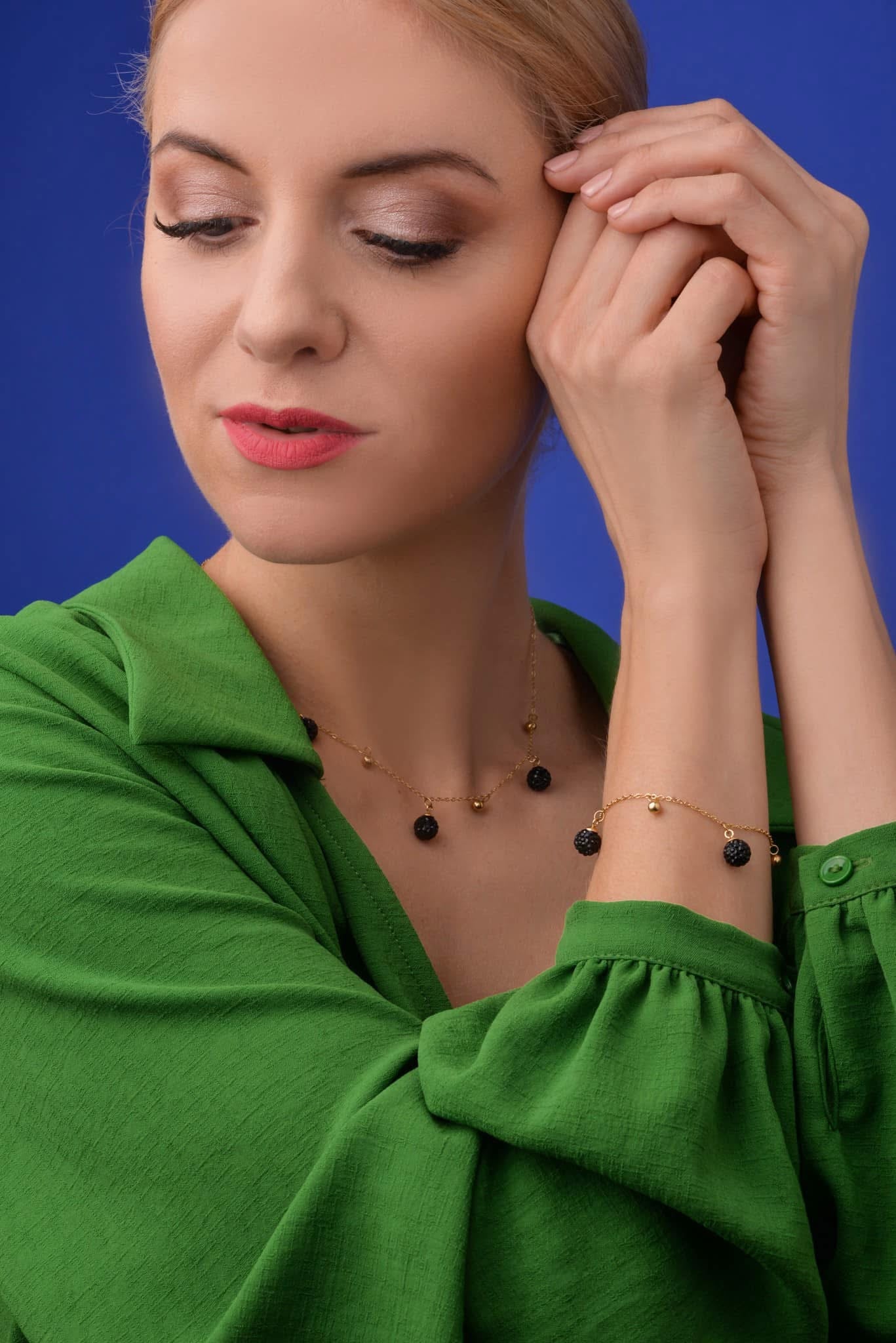14k Gold Plated Necklace with Black Crystal Balls (CL)