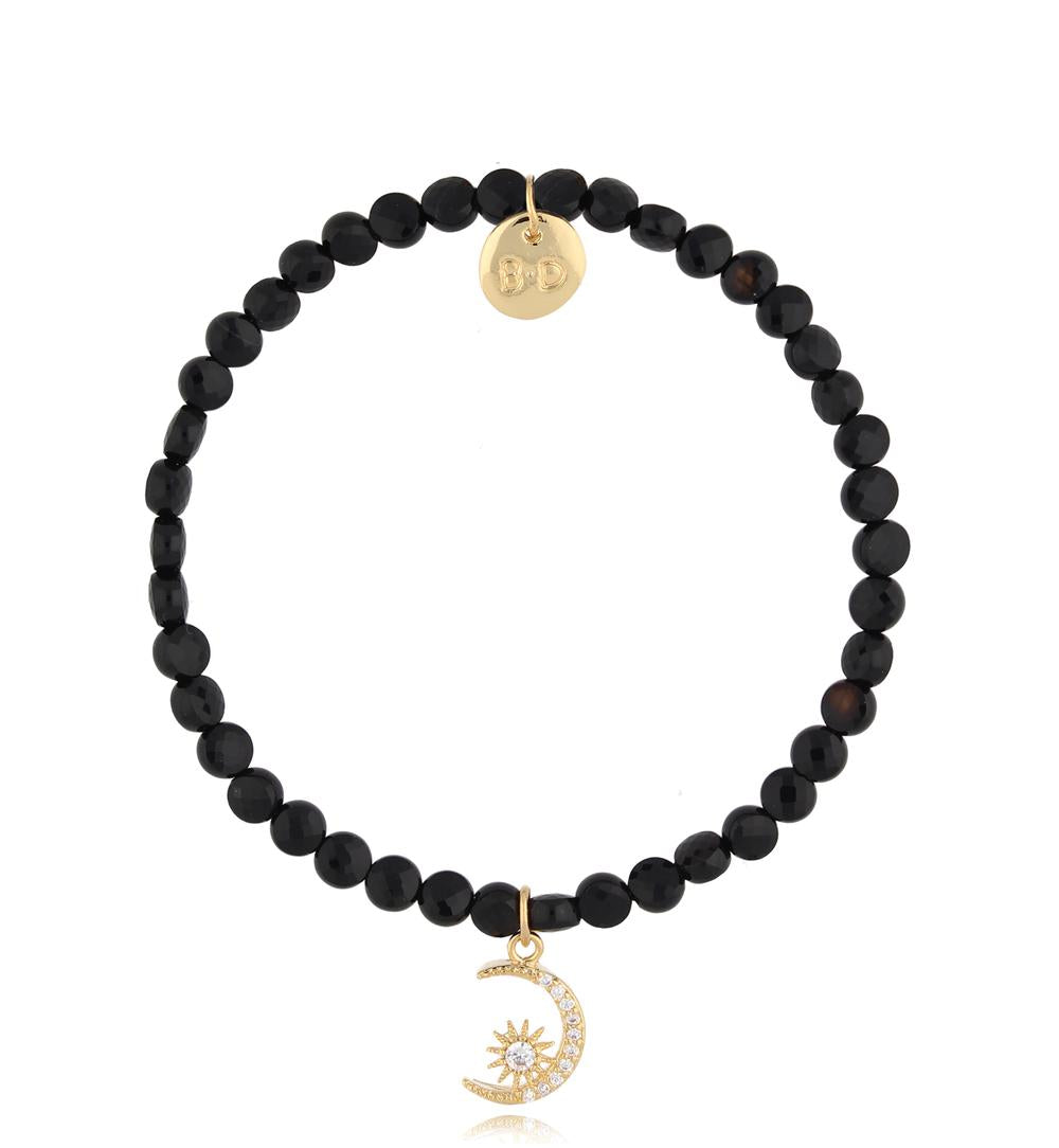 Black Onyx Stone Bracelet with Crystal Moon and Sun 0714