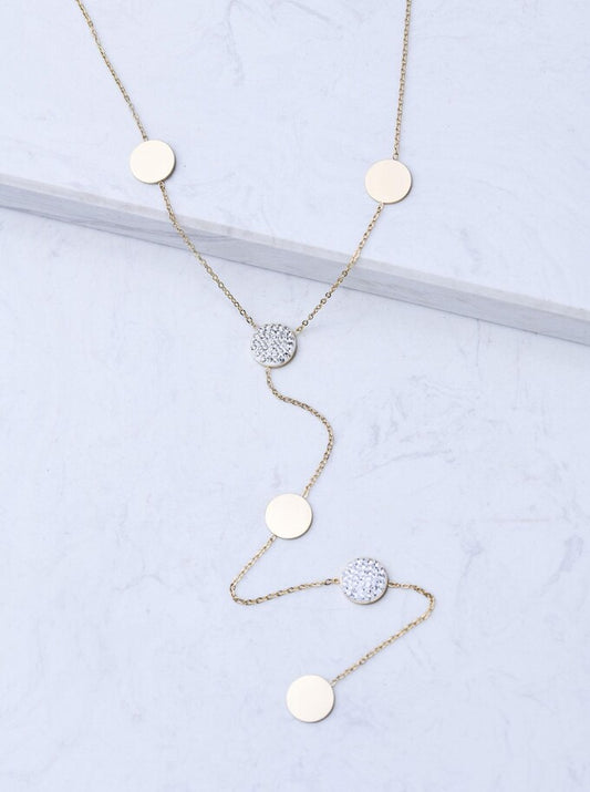14k Gold Plated Y Necklace with Crystal and Flat Discs