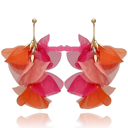 Lightweight Triple Color Earrings with Pink and Orange Silk Petals