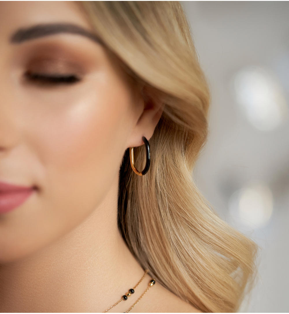 Gold Plated and Black Enamel Oval Earrings