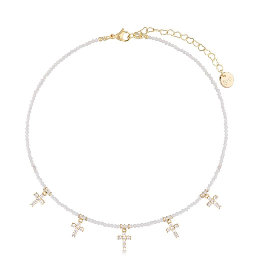Snow White Stones Necklace with Zirconia Crosses