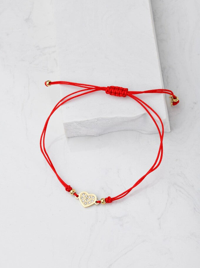 Good Luck Red String Bracelet with Gold Plated Crystals Heart