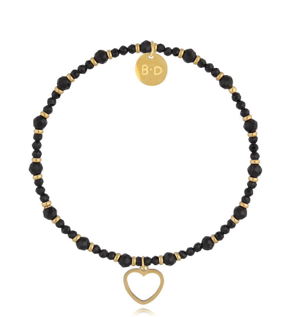 Black Tourmaline Stones Bracelet with Gold Plated Heart 2969