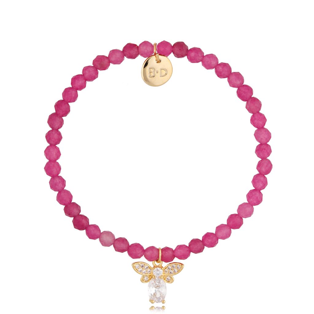 Fuchsia Jadeite Stone Bracelet with Crystal Butterfly