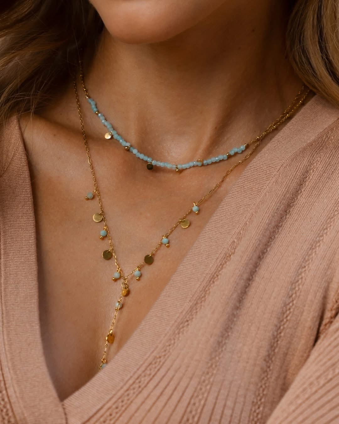 Gold Plated Turquoise Y Necklace with Gold Discs Incantatio