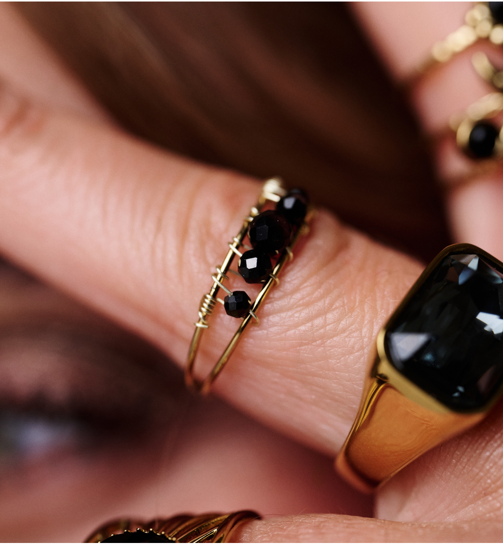 Gold Plated Adjustable Ring with Black Agate Stones