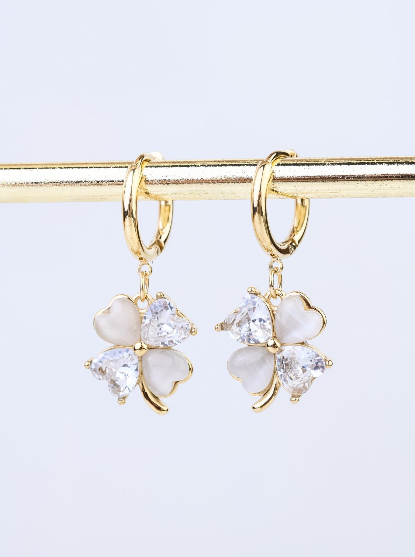 14k Gold Plated Clover Earrings with Acrylic and Crystal Stones
