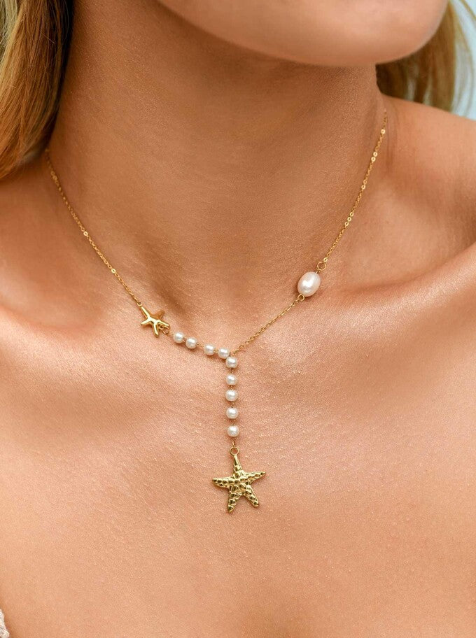 14k Gold Plated Lariat Necklace with Starfish and White Pearls