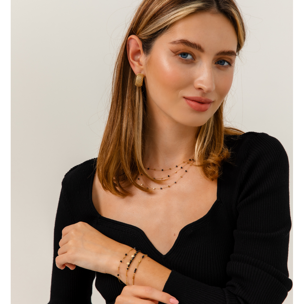 Gold Plated Layer Black Agate and Gold Blocks Necklace