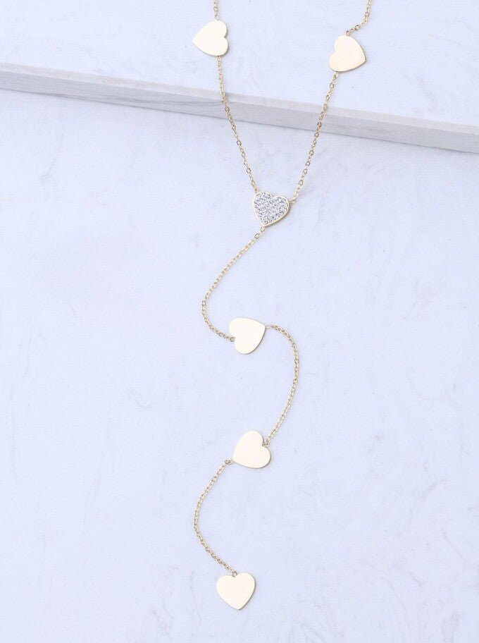 14k Gold Plated Lariat Necklace with Crystal and Flat Hearts