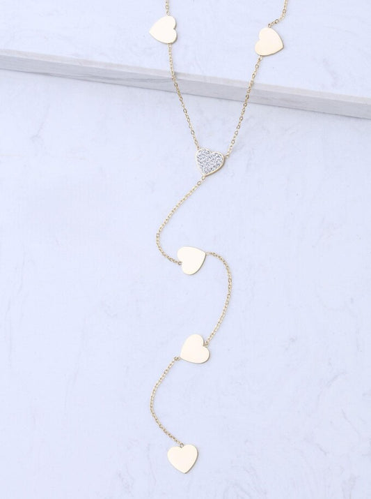 14k Gold Plated Lariat Necklace with Crystal and Flat Hearts