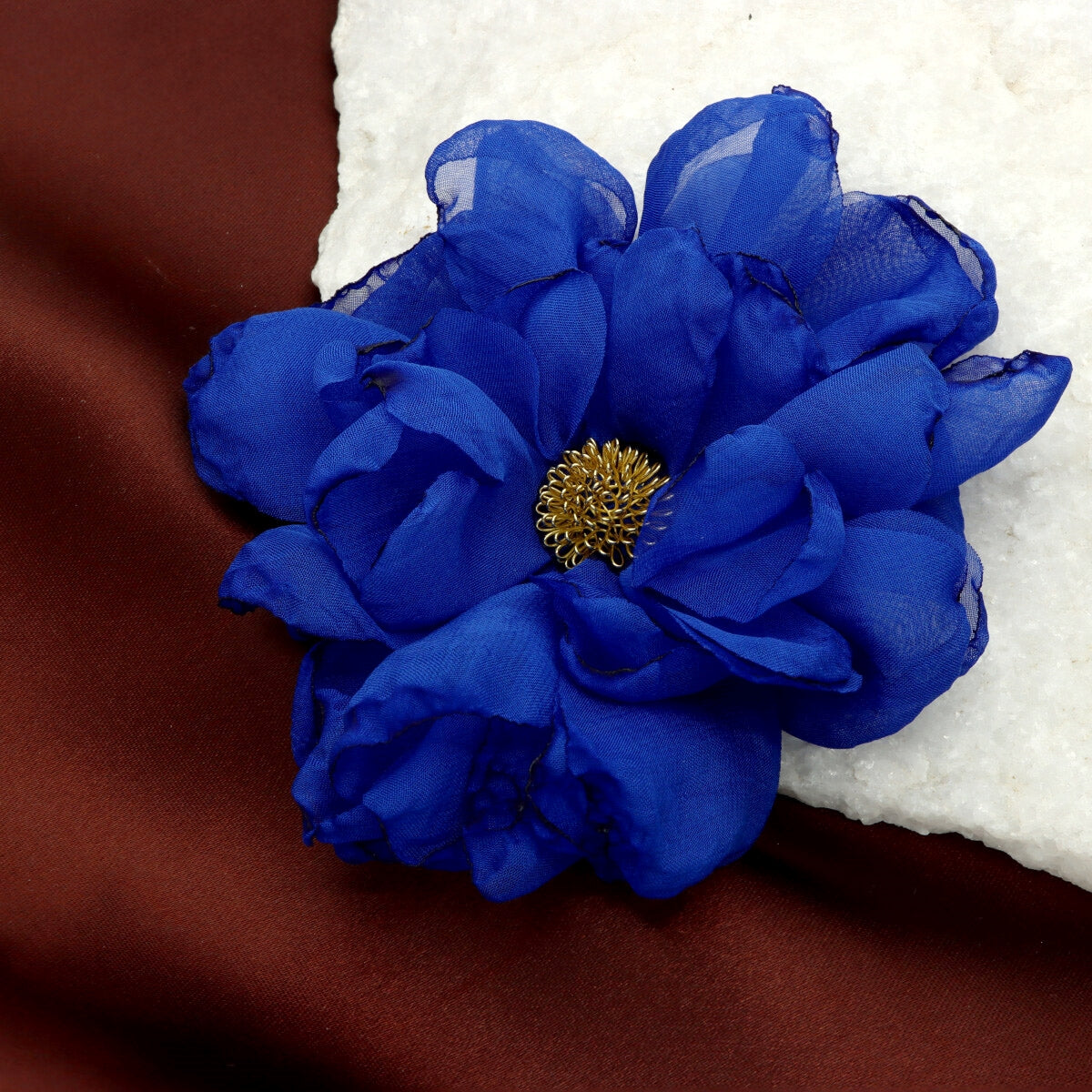 Royal Blue Silk Flower Brooch
