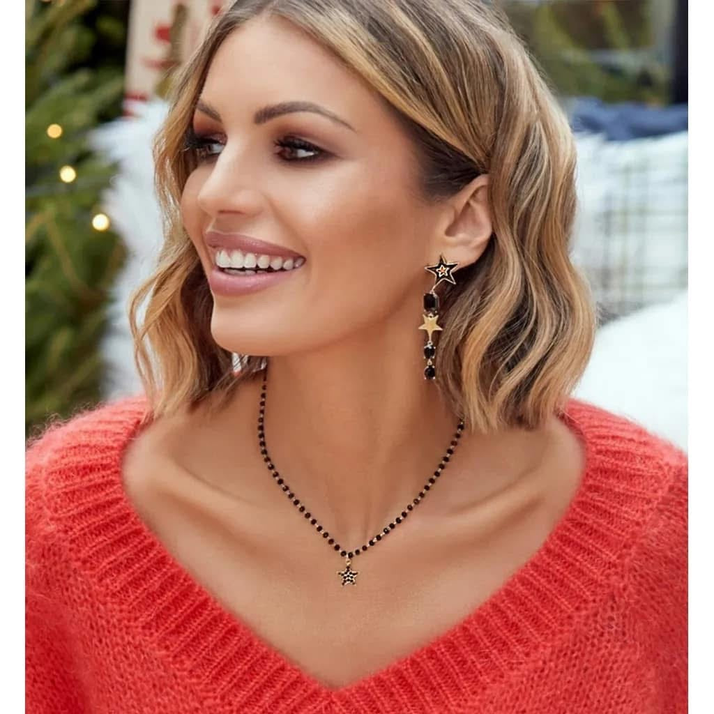 Black Agate Necklace with Black Crystals Star Pendant