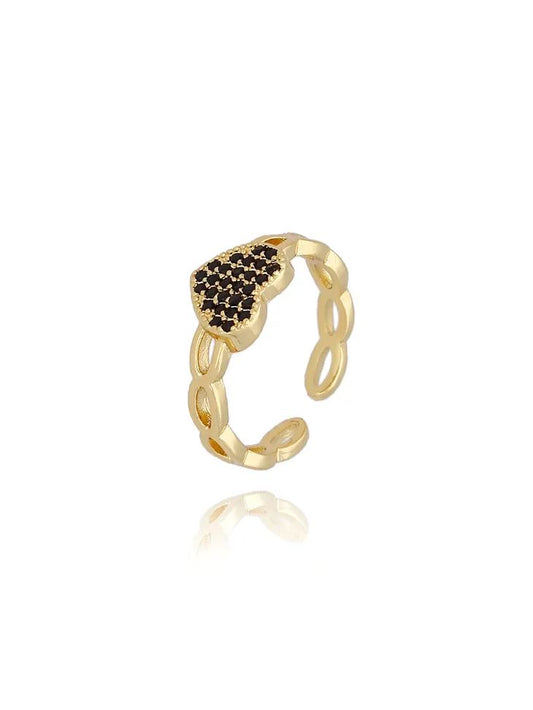 Gold One Size Chain Ring with Black Zirconia Heart