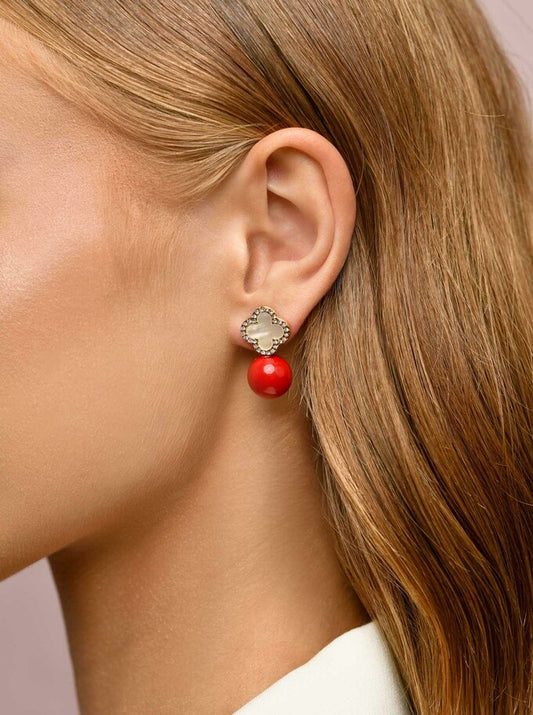 14k Gold Plated White Clover Studs with Red Ball