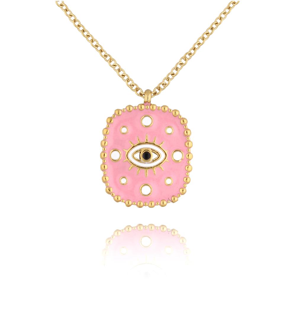 Gold Plated Necklace with Pink Double Side All Seeing Eye