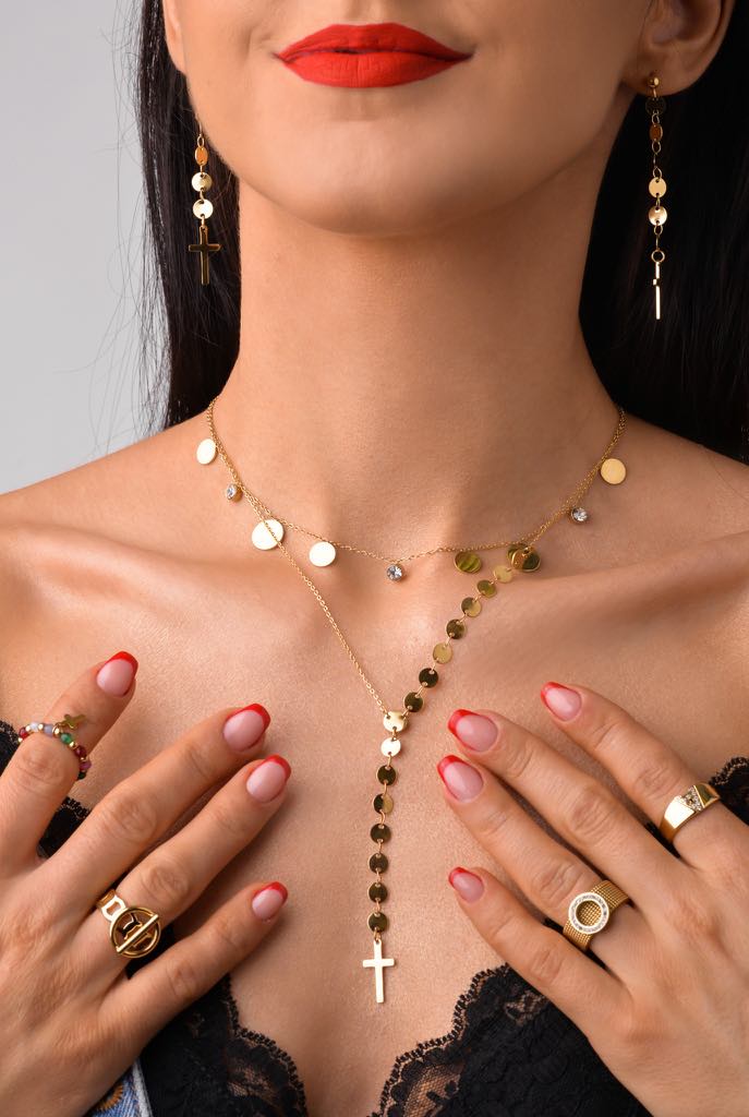 14k Gold Plated flat Discs Chain Necklace with Gold Cross