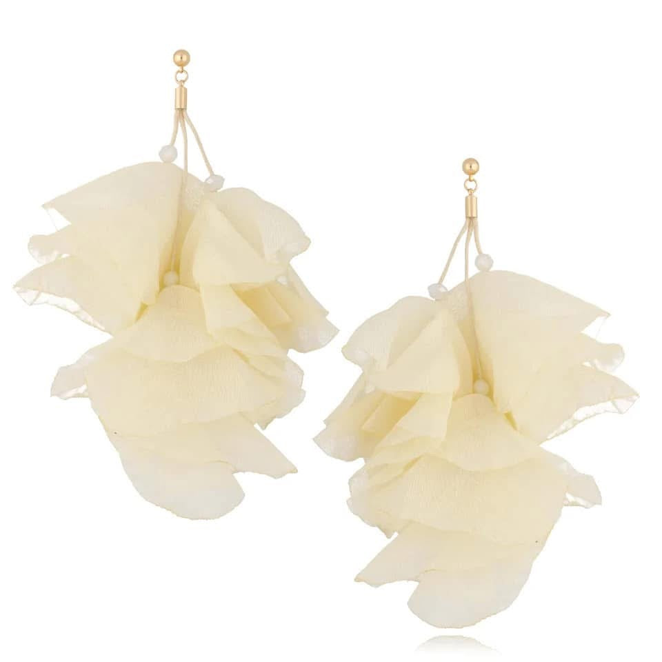Multi Layer Silk Flower Earrings in Shimmering Beige
