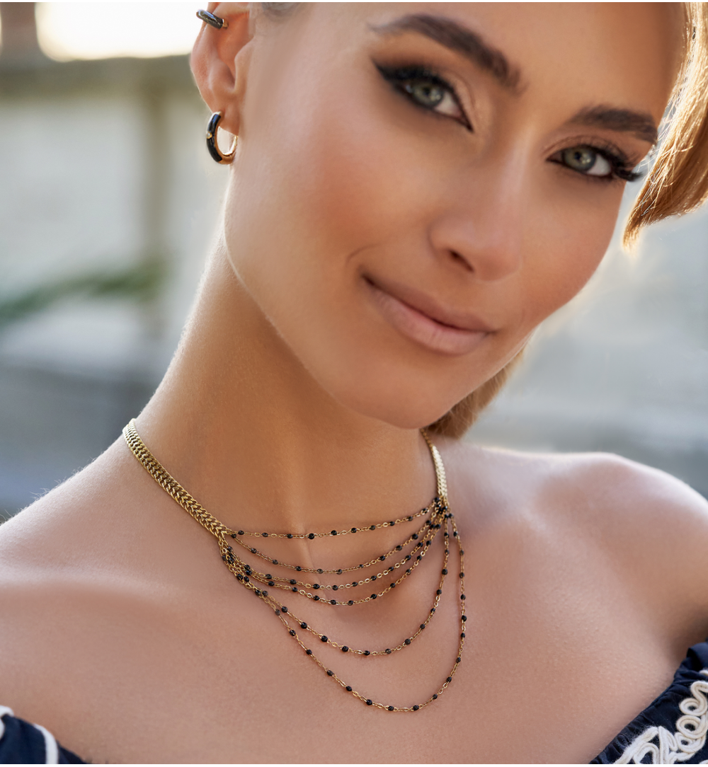 Gold Plated Cascading Necklace with Black Beads Itim