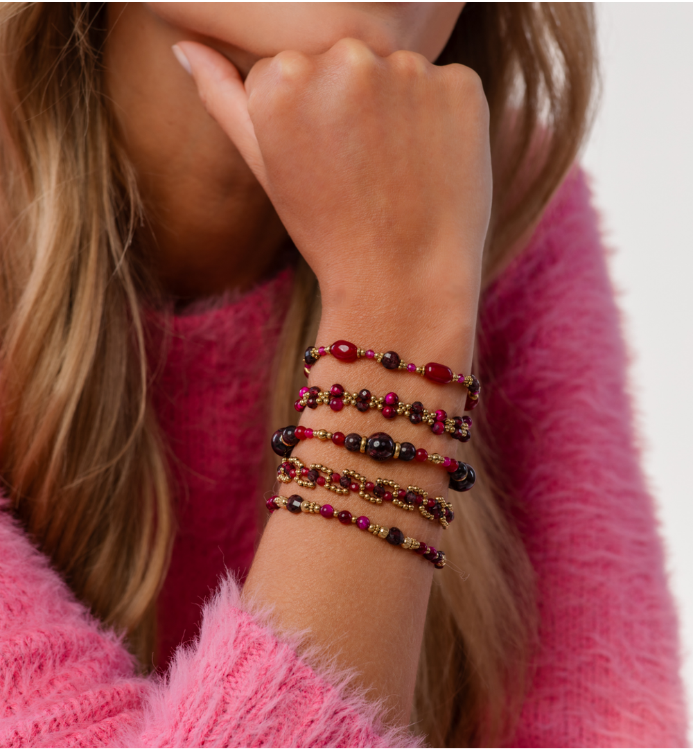 Gold Plated Burgundy and Pomegranate Stones Double Bracelet 2225