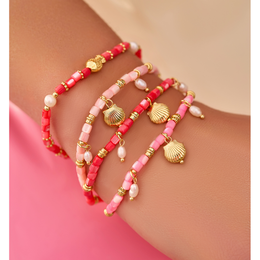 Coral Pearl Bracelet with Shell Pendant