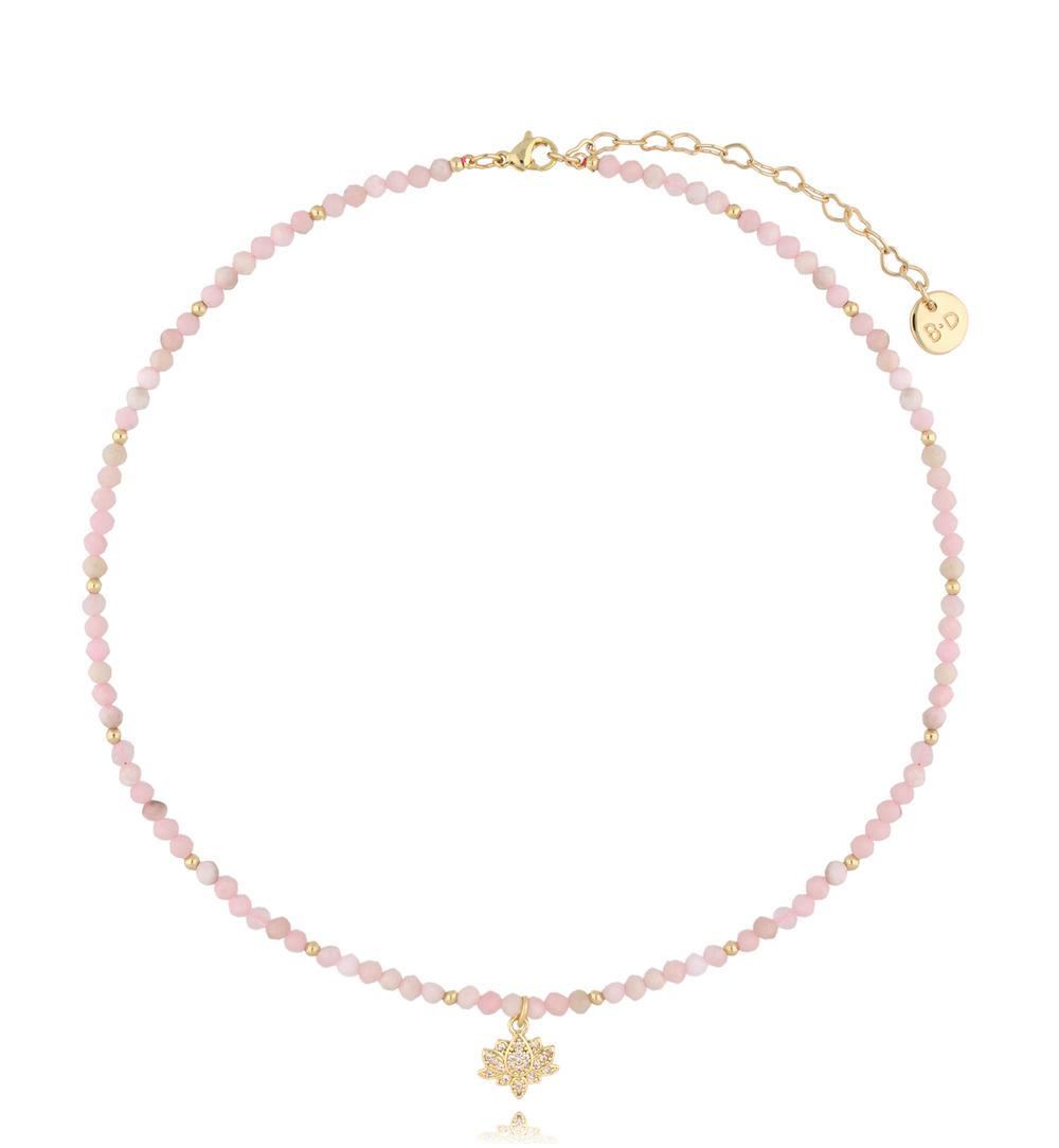Pink Opal Necklace with Crystal Lotus Flower