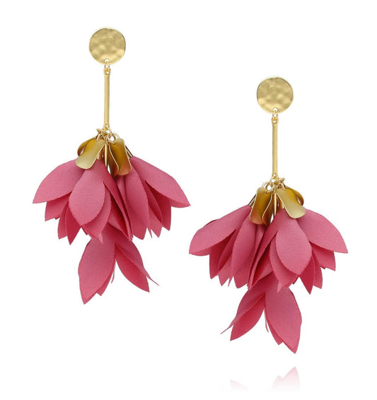 Candy Pink Satin Blossom Flower Earrings with Gold Finishing