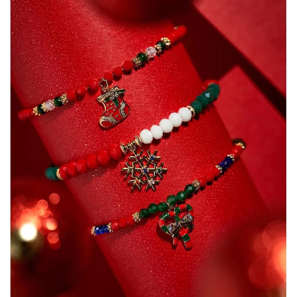 Twinke Holiday Red, Green and White Glass Crystals Bracelet with Snowflake Pendant