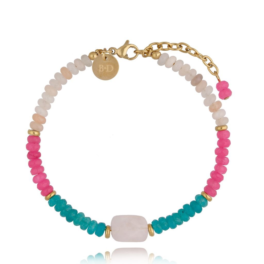 Turquoise and Pink Stones Bracelet with Pink Quartz mid Stone