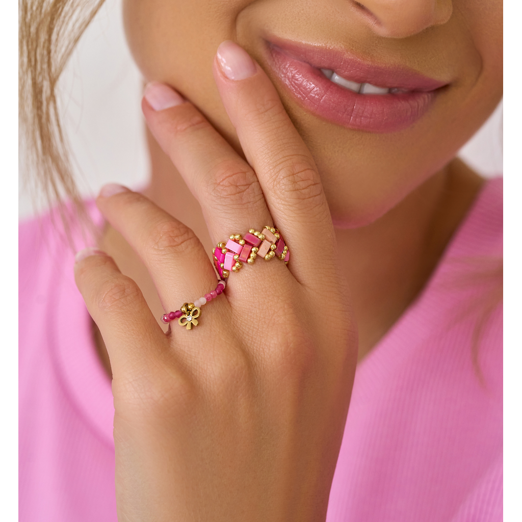 Pink Opal and Jadeite Stones Ring with Bow