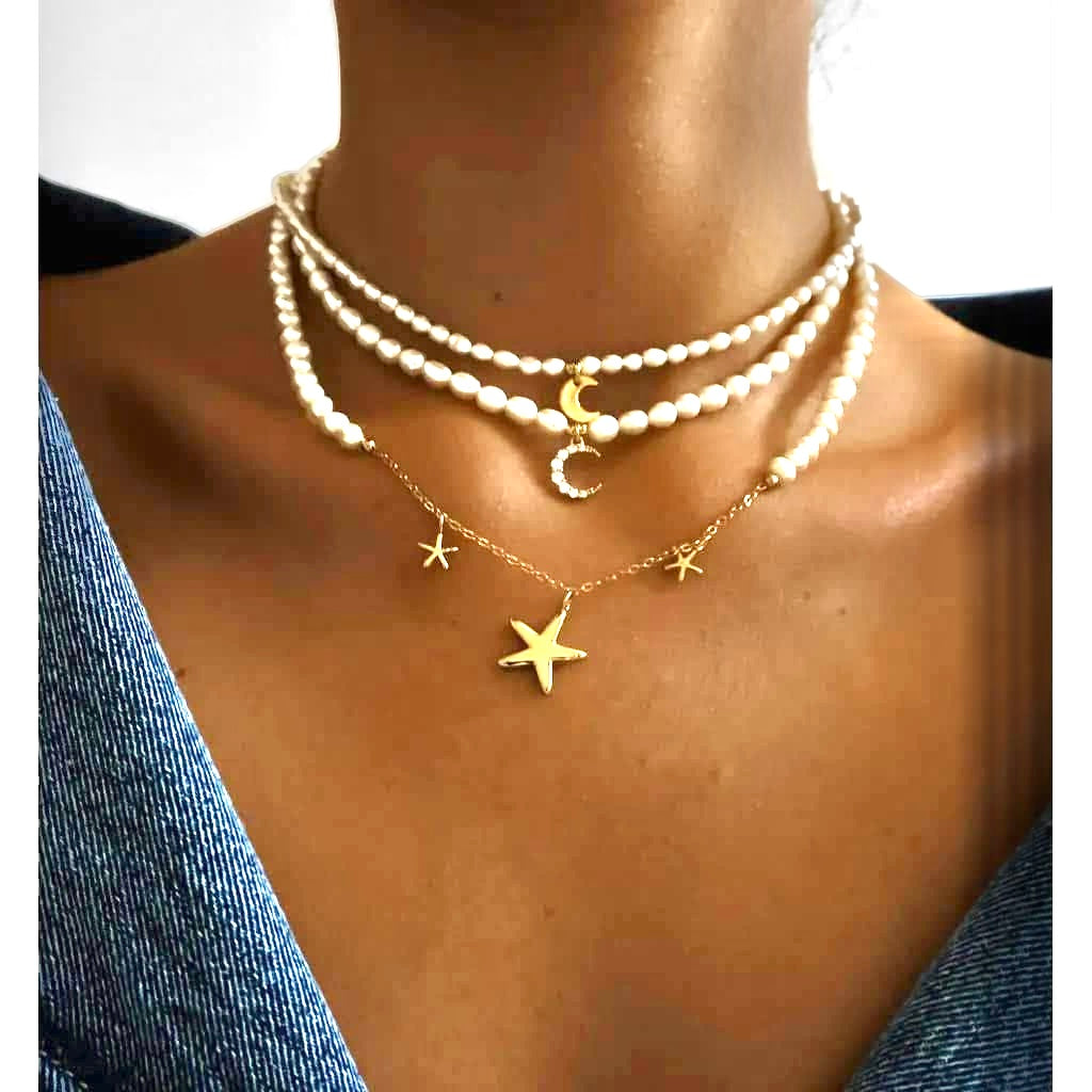 White Pearl Necklace with Three Gold Stars