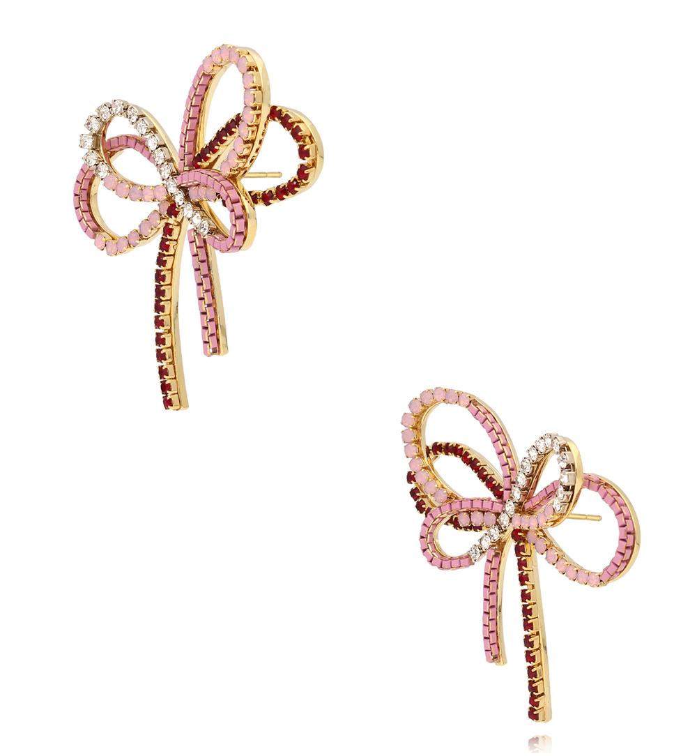 Pink and Burgundy Crystals Triple Bow Earrings