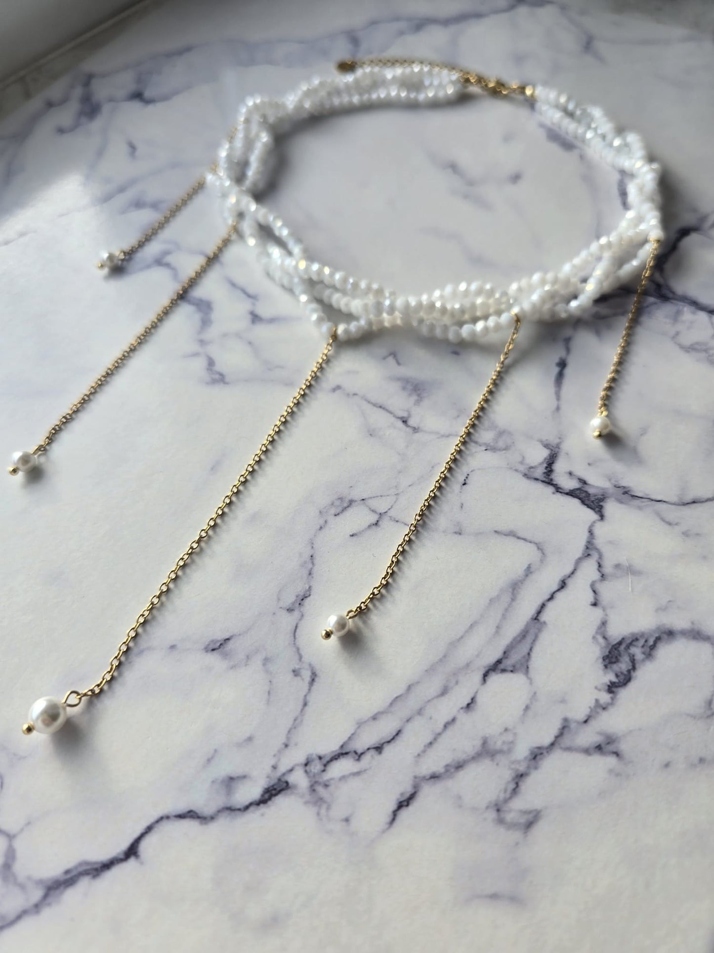 Triple Layer Glass Crystals Necklace with Chains & Pearls