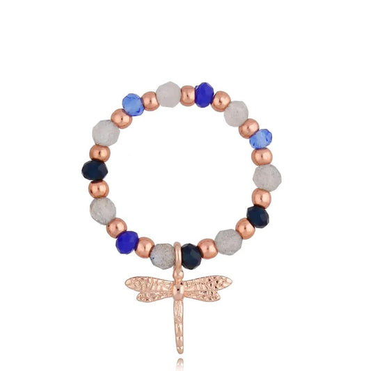 Glass Crystals Elastic Ring with Rose Gold Dragonfly