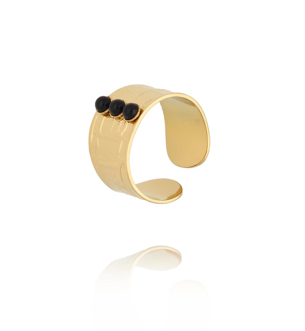 Gold Plated Adjustable Cuff Ring with Black Agate Stone 0039