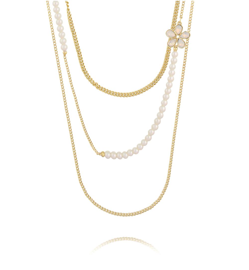 Multi Layers Necklace with Pearls and White Milk Crystal Flowers